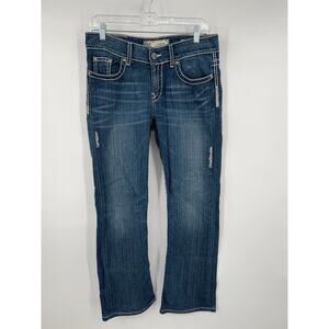 BKE Women's Culture Bootcut Jeans size 29R dark wash, white stitching bling